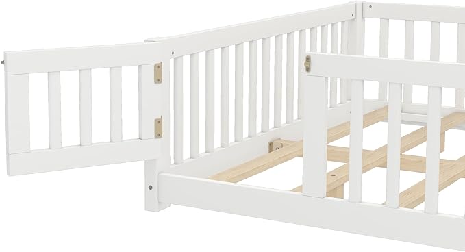 Harper & Bright Designs Queen Floor Bed Frame with Safety High Fence, Wood Montessori Beds with Door, Floor Bed Queen with Solid Wood Support Slats for Boys, Girls, Kids, White