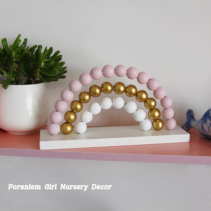 Girl Nursery Decor Rainbow Room Decoration Wooden Pink Bead Baby Gift Cute Wall Shelf Ornament Kids Playroom Boho Decorative 8.66 X 4.5 Inch Table Decor