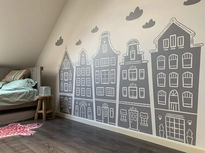 Scandinavian Houses & Clouds Decal Nursery Kids Playroom Wall Sticker Baby Amsterdam Room Decor BA765 (Grey, 37.4X22.inches)
