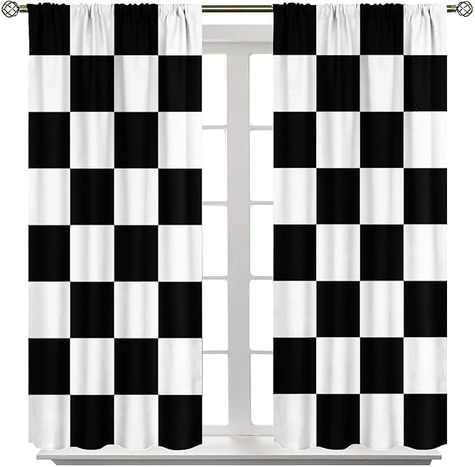 Black Checkered Curtains,70s Vintage Twisted Checkered Window Drapes Colorful Groovy Trendy Wavy Hippie Grid Print Window Treatments for Kids Boy Bedroom Living Room 42" W X 63" L