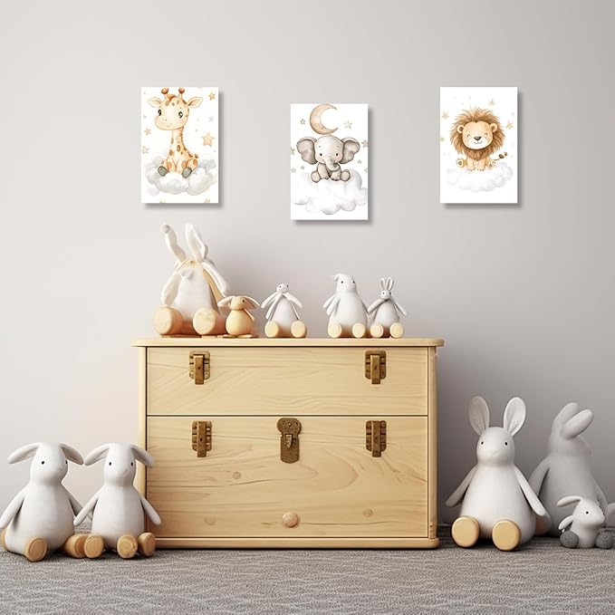 DOARTDO Nursery Animal Canvas Wall Art Baby Animal Pictures 3 Pieces Cute Elephant Lion Giraffe Print Painting Kids Room Nursery Decor Frame (16x24inchx3Pcs)