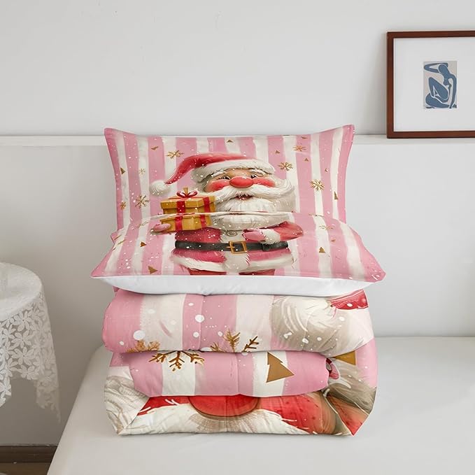 Cartoon Santa Claus Bedding Set Full Size,Merry Christmas Snowflake Comforter Set for Kids Boys Girls Room Decor,Red Pink Stripes Duvet Insert 3Pcs,Xmas Theme Microfiber Quilt Set,2 Pillowcases