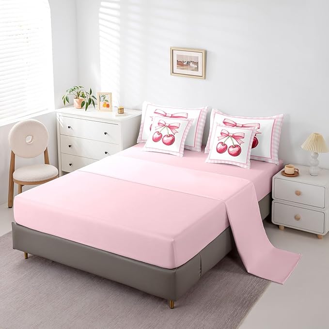 7 Pieces Cherry Bowknot Kids Comforter King,Geometric Plaids Grids Patchwork Fashion Bedding Set,Bow Tie Princess Dreamy Pink Cute（Comforter+Fitted+Flat Sheet+2 Pillowcases+2 Throw Pillow Covers）