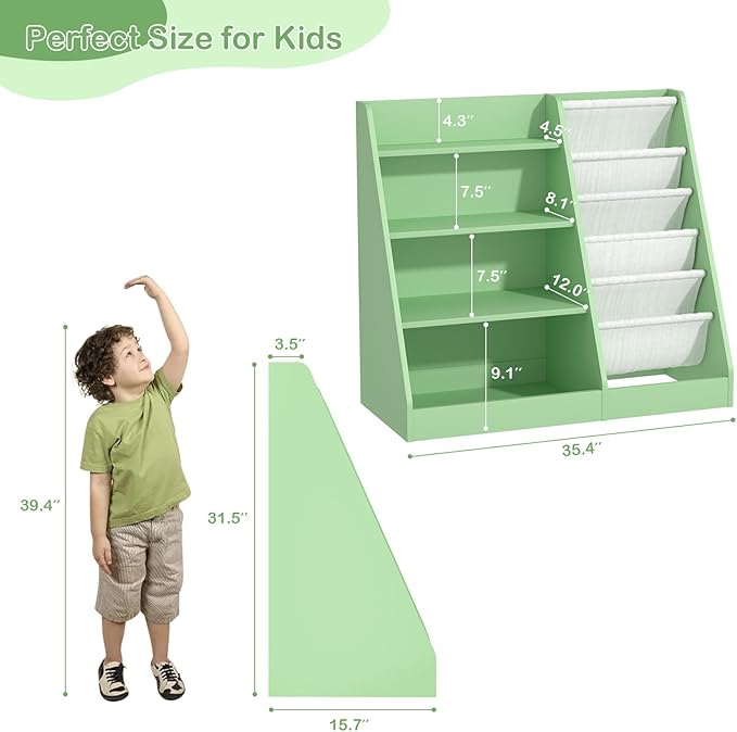 NACHES Montessori Kid Bookshelf Toddler Bookcase Cabinet Children Book Rack Display Toy Storage Organizer 4 Tier 5 Sling Deep Sleeves Classroom Bedroom Nursery Playroom Wood (Green)
