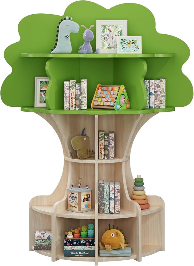5-Tier Tree Kids Bookshelf, Toddler Montessori Shelf Book Rack, Toy and Book Storage for Kids, Wooden Children's Bookcase, Toy Storage Organizer for Preschool, Kid Room, Playroom, Nursery-002