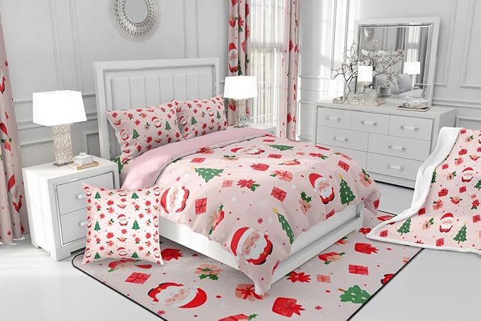 Feelyou Christmas Decor Bedding Set Soft for Boys Girls, Santa Claus Comforter Set King Size Xmas Duvet Quilt Microfiber Christmas Decor Bedroom Decor 3 Pcs with 2 Pillow Cases