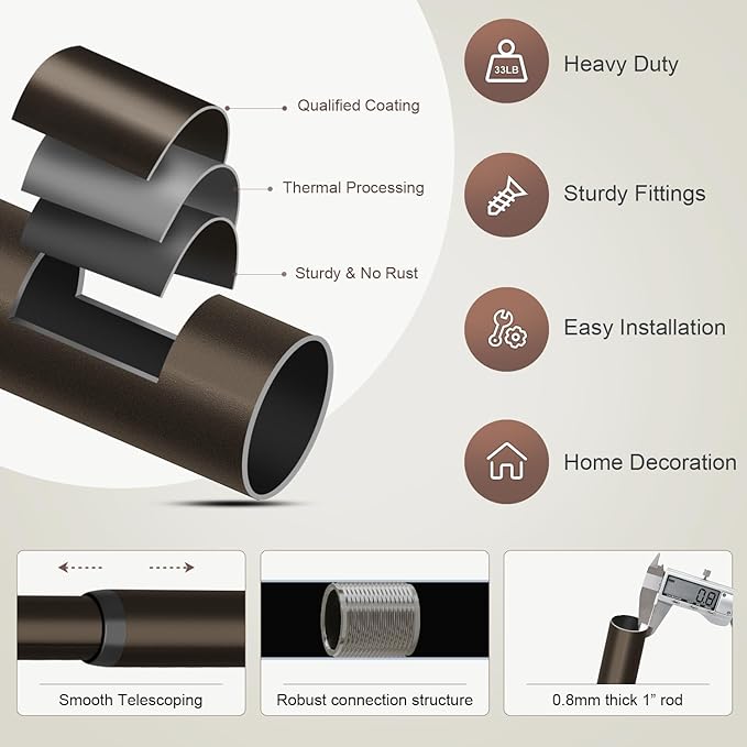 Modern Brown Curtain Rods for Windows 72 to 144 Inches Adjustable Length Heavy Duty 1" Diameter Window Curtain Rod with Decorative Finials for Outdoor Farmhouse Bedroom Kitchen Living Room