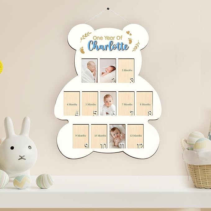 My First Year Picture Frame – One Year of Baby Photo Board with 12 Months Pictures, Wooden First Year Frame for Newborn Milestone Memories, Wall Art Nursery Décor