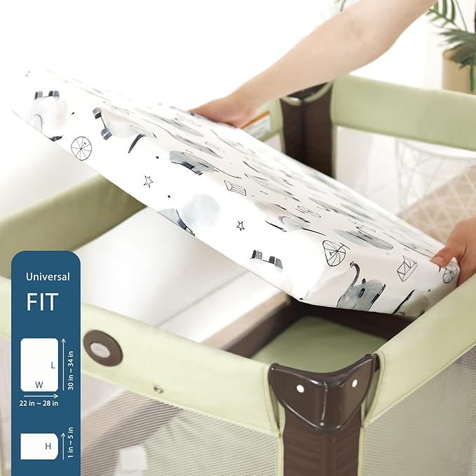 Pack n Play Sheets Fitted 2 Pack, Stretchy Ultra Soft Jersey Knit Pack and Play Sheets, Universal Fitted Portable/Mini Crib Mattresses Snug and Safe, Cute Elephant Print for Boys and Girls