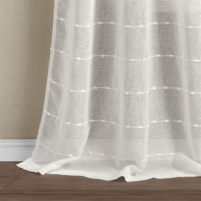 Lush Decor Farmhouse Textured Grommet Sheer Window Curtain Panel Pair, 38"W x 84"L, White