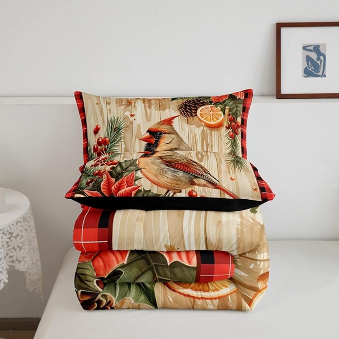 jejeloiu Kids Red Cardinal Comforter Set Twin Size Christmas Red Black Plaid Flower Bedding Set for Boys Girls Teens Xmas Birds Animal Lemon Winter Wood Plank Duvet Quilt Room Decor