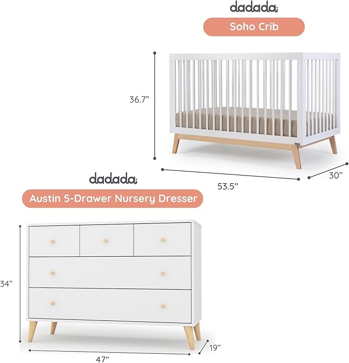 dadada Baby Harmony Set, Nursery Furniture Set. Baby Crib and Dresser Combo. Soho 3 in 1 Convertible Crib and Austin 5 Drawer Nursery Dresser. White & Natural Beechwood