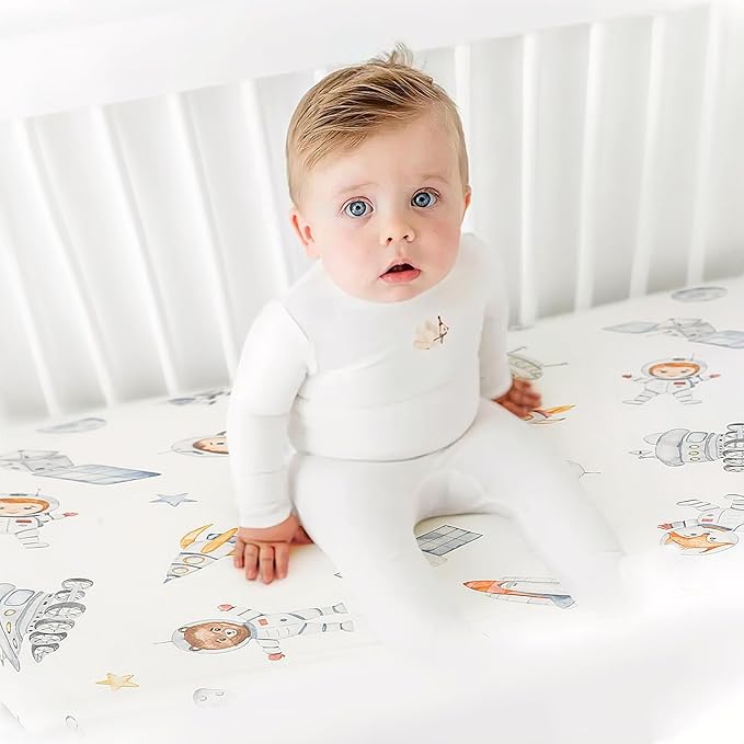 Stretchy Ultra Soft Jersey Knit Fitted Pack n Play Sheets Set 2 Pack, Portable/Mini Crib Sheets for Girls, Universal Fit for Pack N Plays Safe and Snug, Space Print