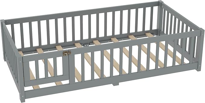 Harper & Bright Designs Twin Floor Bed Frame with Safety High Fence, Wood Montessori Bed with Door, Twin Size Floor Beds with Solid Wood Support Slats for Boys, Girls, Kids, Gray