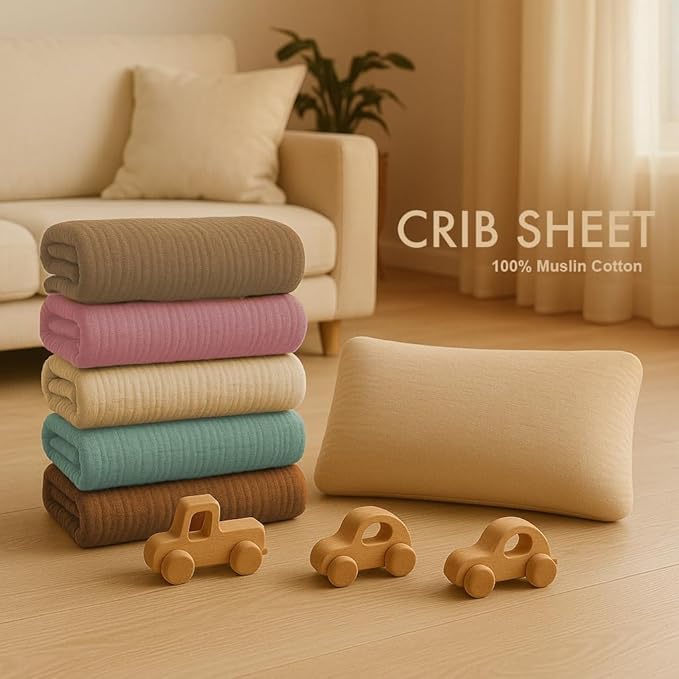 Organic Crib Sheets Large Size 52x28x9 Inches 2 Pack Beige Muslin Sheets, Gentle Baby Crib Bedding, Stretchy Fit for Rectangular & Oval Crib Mattress, No Shrink After Wash