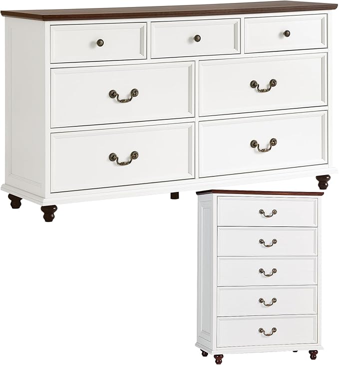 Bedroom Dresser Sets, 54" Wide 7 Drawers Dresser and 45" Tall 5 Drawers Dresser, Wooden 2 Piece Bedroom Furniture Set, Chest of Drawer for Bedroom, Home, Living Room, Hallway, White
