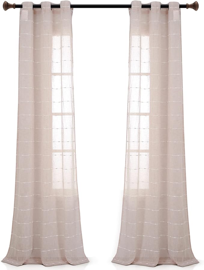 Lush Decor Farmhouse Textured Grommet Sheer Window Curtain Panel Pair, 38"W x 84"L, Blush