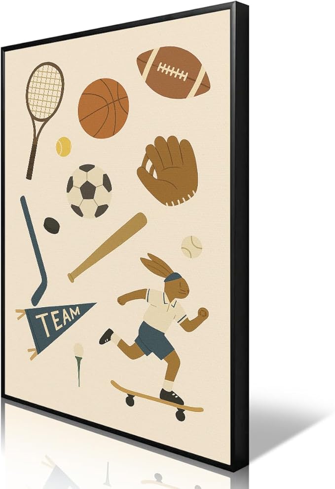 Sports Posters for Boys Bedroom, Boy Nursery Canvas Wall Art, Cute Animal Athletes & Sports Equipment Pictures, Charming Quotes Take Me Out To The Ball Game Play All Day Print 8x12in Wrapped Canvas