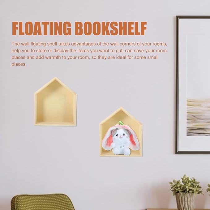 Cabilock Wooden Wall-Mounted Floating Shelf Pentagonal Display Rack for Bedroom Storage and Decor Medium Natural Wood House-Shaped Shelf for Books and Living Spaces