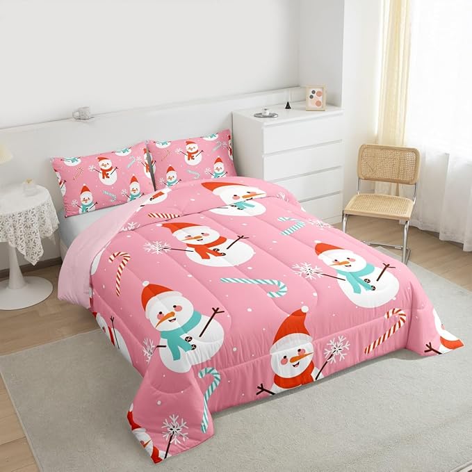 Feelyou Pink Christmas Bedding Set Soft for Boys Girls, Snowman Comforter Set King Size Snowflake Duvet Quilt Microfiber Candy Cane Bedroom Decor 3 Pcs with 2 Pillow Cases