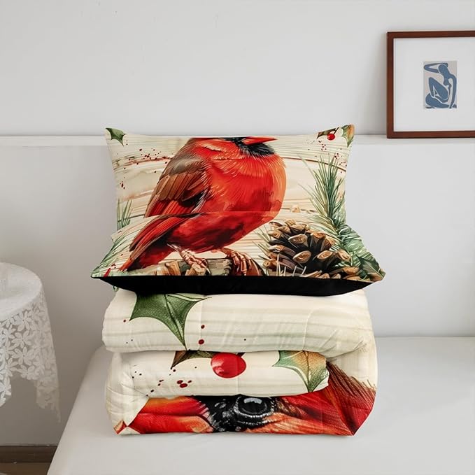 jejeloiu Kids Red Cardinal Comforter Set Full Size Christmas Theme Bedding Set for Boys Girls Teens Xmas Birds Winter Rustic Wood Plank Animal Duvet Quilt Room Decor