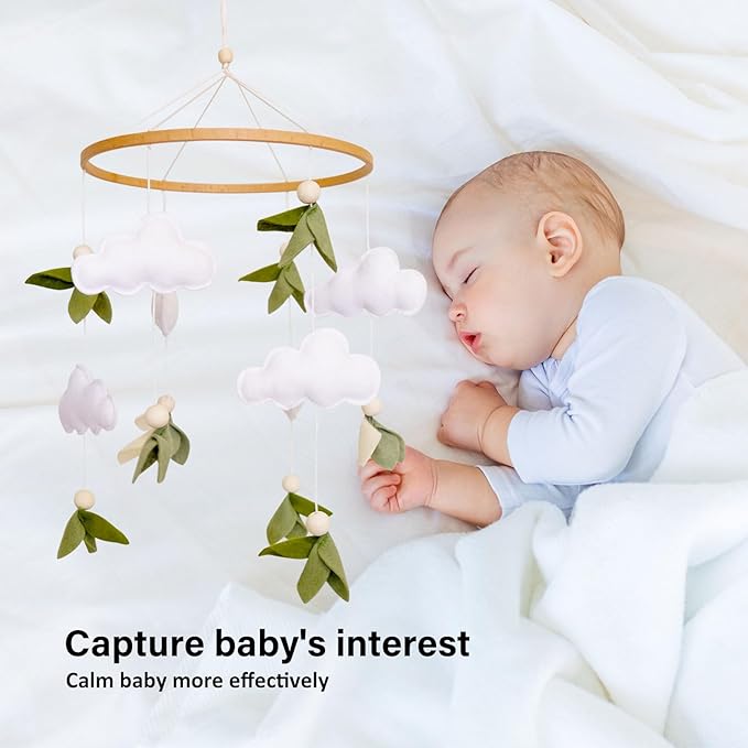 Green Leaf Baby Crib Mobile, WoodlandMobile for Crib for Baby Boys & Girls, Green Nursery Decor, with Felt Leaves, White Clouds