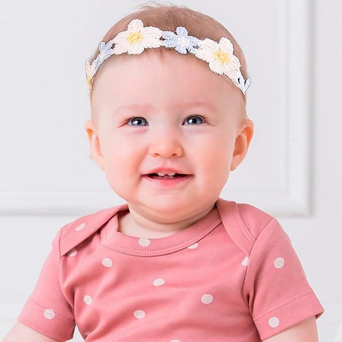 cherrboll Baby Girl Nylon Headbands, 3Pcs Handmade Floral Hair Bows, Stretchy Flower Hairbands for Newborns Infants Toddlers