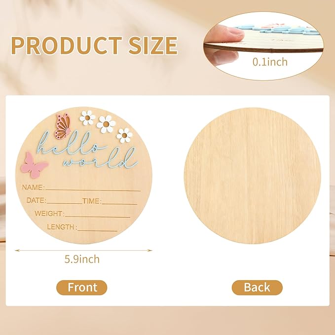 5.9 Inch Wooden Hello World Baby Announcement Sign, Newborn Welcome Board with Pink Butterfly, Baby Shower Hospital Nursery Photo Props for Boys & Girls