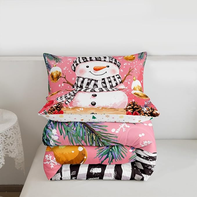 Feelyou Merry Christmas Kids Comforter Set Queen Size Cute Snowman Bedding Set Snowflake Duvet Quilt for Kids Boys Girls Bedroom Winter Decor Microfiber Ultra Soft Breathable