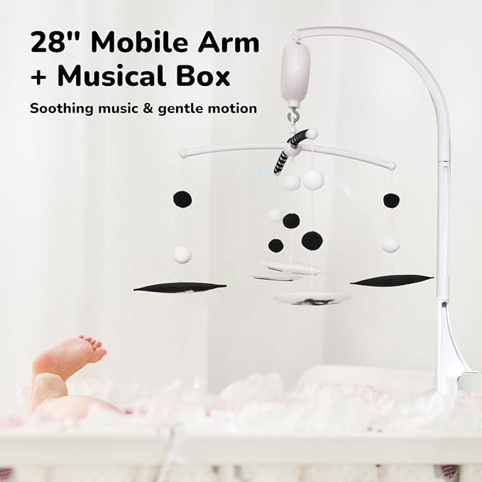 Crib Mobile Arm with Music Box, 28 Inch Baby Mobile Holder for Crib, Mobile Crib Arm, Mobile Hanger, Baby Mobile Motor with 3 Modes, Adjustable Volume, 35 Lullabies