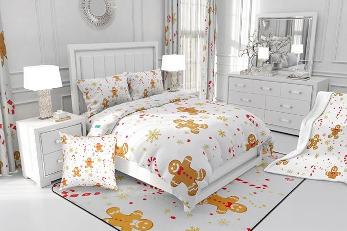 Feelyou Cute Gingerbread Man Comforter Set Toddler Candy Cane Bedding Set for Kids Boys Girls Golden Snowflake Duvet Quilt Christmas Pattern Bedroom Decor Festive Design 2 Pcs with 1 Pillow Cases