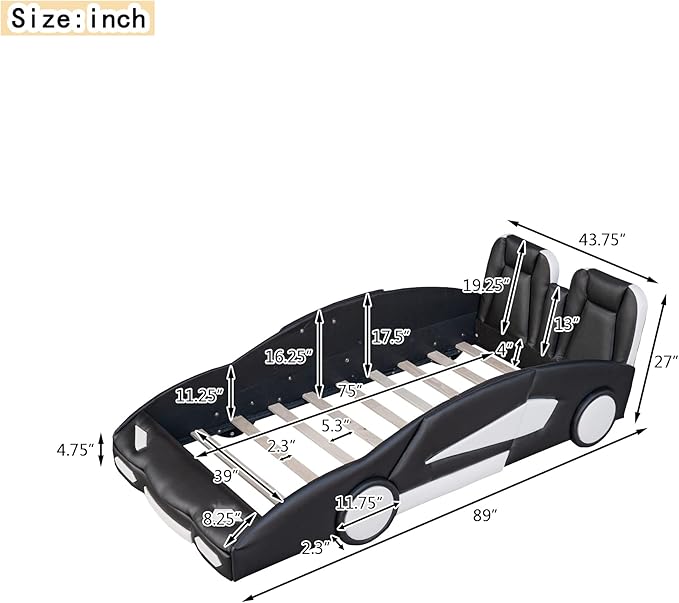 Harper & Bright Designs Twin Size Race Car-Shaped Platform Bed with Wheels, Black