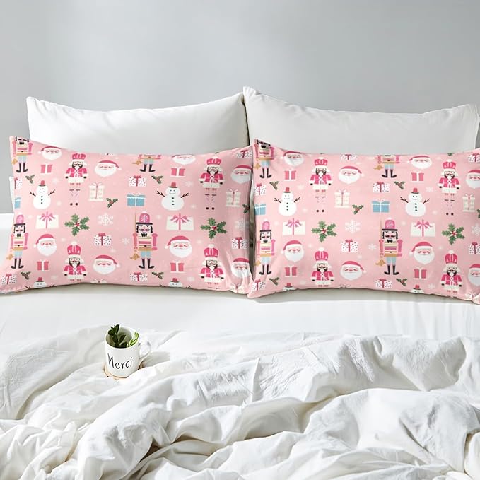 Pink Christmas Nutcracker Decorative Comforter Cover Full Size Xmas Cartoon Santa Claus Duvet Cover New Year Festival Snowman Snowflake Bedding Set Gifts for Kids Boys Girls 2 Pillow Cases Pink
