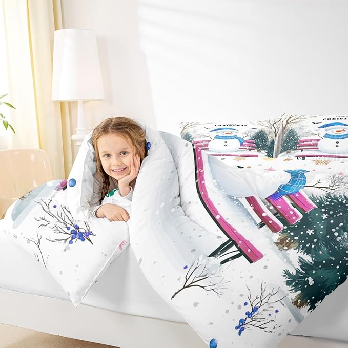 Feelyou Merry Christmas Bedding Set Soft for Boys Girls, Cute Snowman Comforter Set Full Size Snowflake Duvet Quilt Microfiber Christmas Tree Bedroom Decor 3 Pcs with 2 Pillow Cases