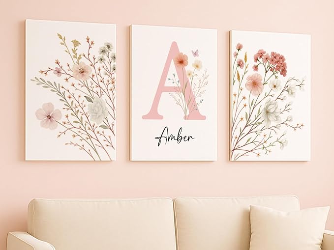 Personalized Girls Nursery Wall Art - Custom Name Pink Floral Butterfly Canvas Print 3pc Framed Wrapped Canvas for Bedroom Living Room Entryway Study Room Initial Wall Decor Baby Shower Birthday Easter Graduation New Year Valentine's Day Gift (40×50cm/...