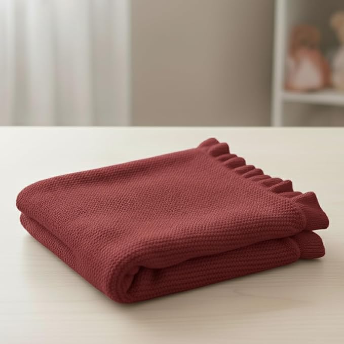 Cotton Baby Blanket with Ruffle Edge Soft Breathable Newborn Blanket for Boys & Girls, Lightweight Knit Throw for Crib, Stroller & Nursery Multiple Colors Available Red 30x30