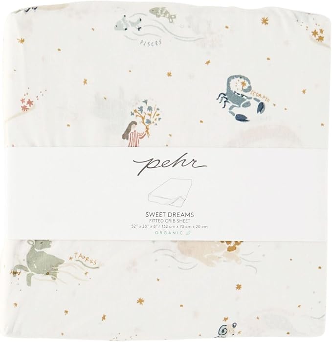 Pehr Crib Sheet, Zodiac | Breathable Brushed Organic Cotton for Soft Sleep | Snug Fit | Reusable Fabric Bag Packaging | Standard Crib Mattresses up to 52”L x 28”W x 8”H