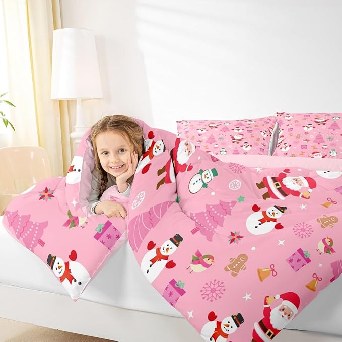 Feelyou Christmas Kids Comforter Set Full Size Happy New Year Bedding Set Santa Claus Duvet Quilt for Kids Boys Girls Bedroom Merry Christmas Decor Microfiber Ultra Soft Breathable