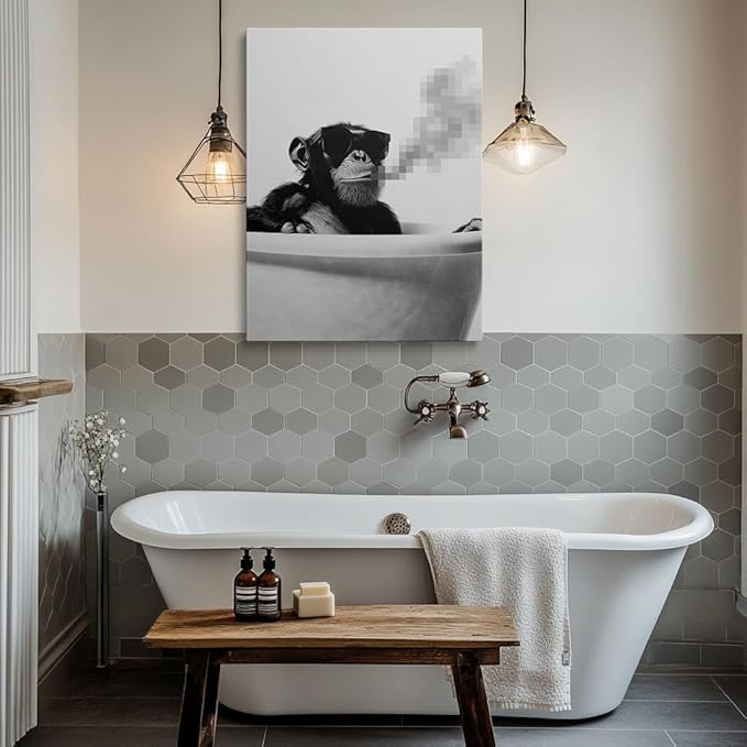 Funny Black and White Monkey Picture Wall Decor Framed Cool Chimpanzee Gorilla in Bathtub Canvas Wall Art Animal Prints Poster Modern Pop Fun Painting for Bathroom Living Room Bedroom (12"x16")