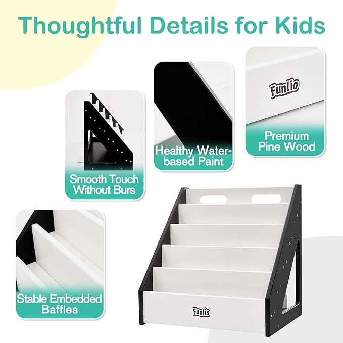 FUNLIO Montessori Bookshelf for Toddlers 1-5 Years, Front-Facing Kids Bookcase with Handle & Anti-Tilting Device, Premium Pine Baby Bookshelf, Children's Bookcase for Nursery/Classroom - Black &White