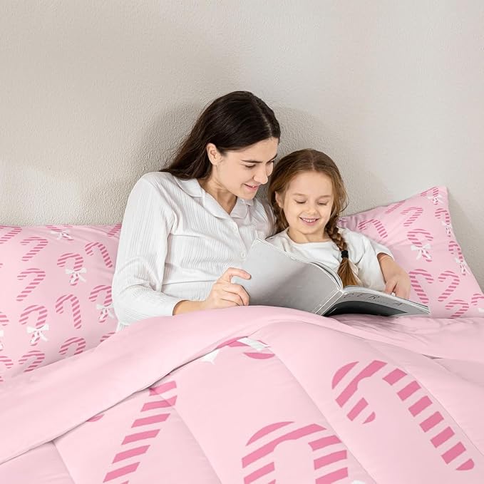 Feelyou Merry Christmas Comforter Set Queen Size Pink Candy Cane Bedding Set for Kids Boys Girls Bow Duvet Quilt Bedroom Decor Microfiber 3 Pcs with 2 Pillow Cases