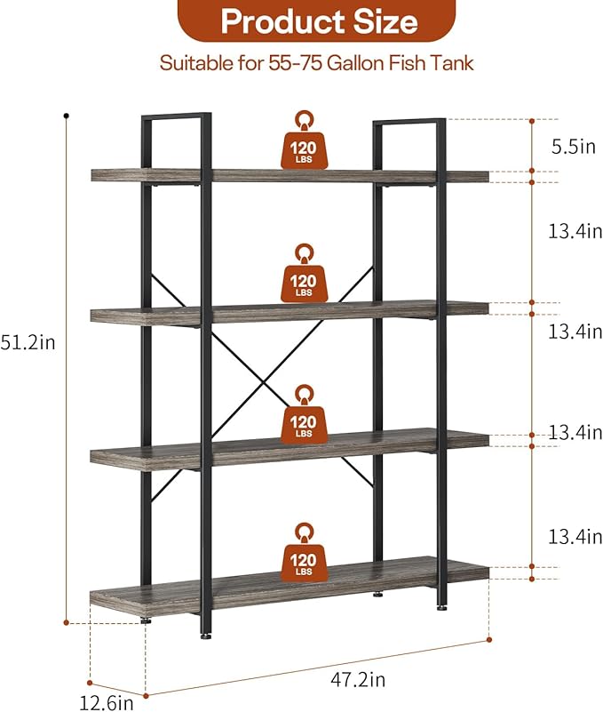 Bookcase, 47 Inch Wide Wood Bookshelf, 120lbs Shelf Capacity, Rustic Open Shelving Industrial Display with Reinforced Horizontal Shelves for Living Room Bedroom Office (4 Tier - Grey) 2 Set
