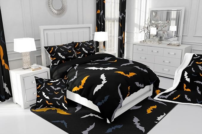 Erosebridal Gothic Halloween Decor Comforter Set - Toddler Size for Kids Boys & Girls - Animal Silhouette Bedding Set with 1 Pillow Case, Orange and Grey Bat Duvet Insert