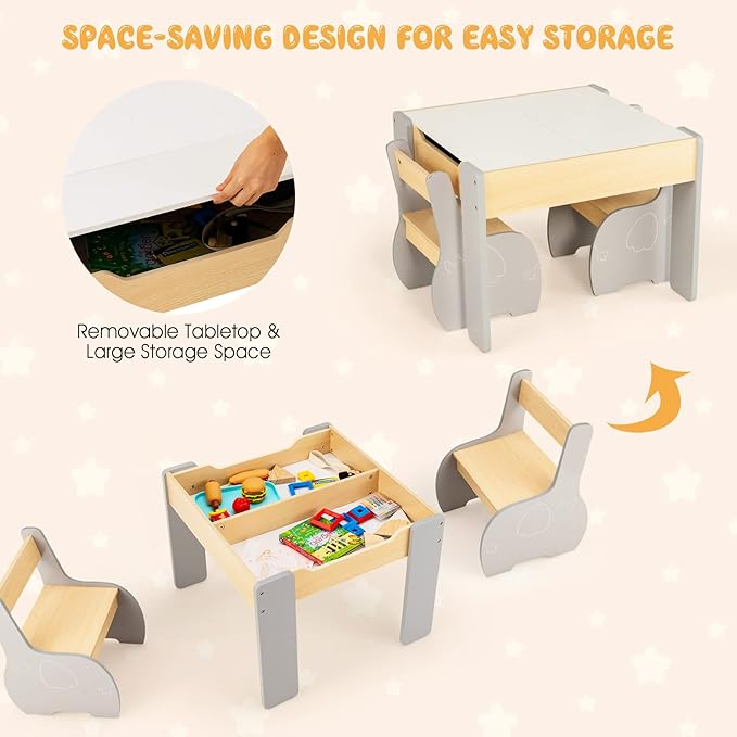INFANS 3 in 1 Kids Table and Chair Set, Wood Multi Activity Table with Removable Tabletop Storage, Detachable Blackboard for Toddler Playing Drawing Arts Crafts,3 PCS Children Furniture