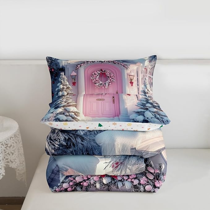 Feelyou Merry Christmas Kids Comforter Set King Size Winter Snowscape Bedding Set Pink Door Duvet Quilt for Kids Boys Girls Bedroom Garland Xmas Tree Decor Microfiber Ultra Soft Breathable