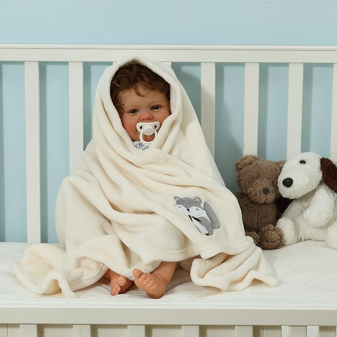 CREVENT 30''X40'' Light Cozy Plush Fluffy Warm Fleece Receiving Baby Blanket for Infant Toddler Crib Cot Stroller, Baby Birthday Ivory Fox