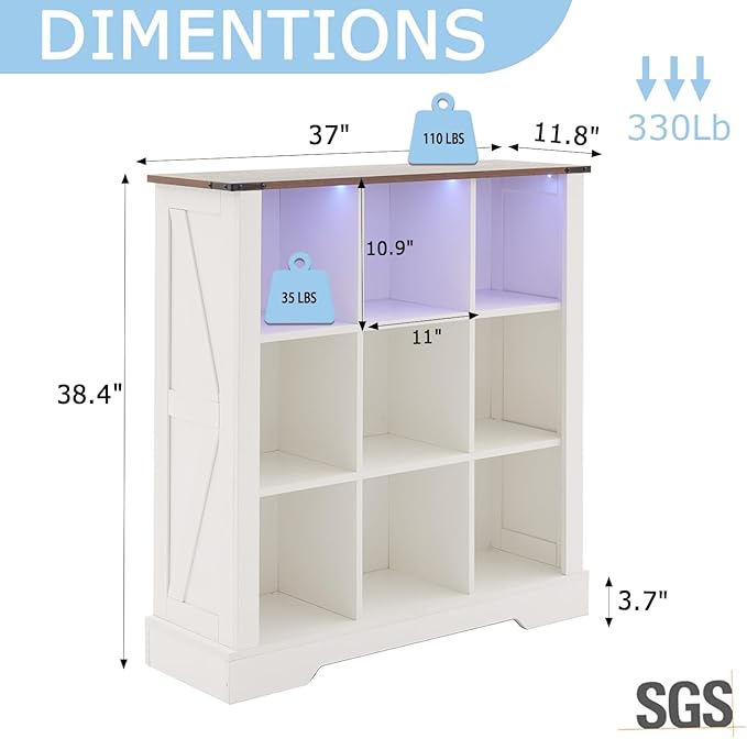 9 Cube Storage Organizer, Wood Cube Bookshelf with LED Lights, Horizontal Storage Cubes, Kids Bookshelf, Display Cabinet Cubby Shelf for Living Room Home Office Bedroom, White