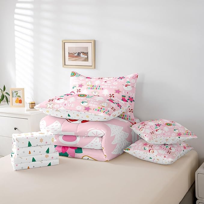 Christmas Kids Bedding Set Cartoon Snowman Gingerbread Man Comforter Set with Sheets for Boys Girls Christmas Tree Decor Bed in a Bag Pink Xmas Theme Bed Set 7Pcs Queen Size