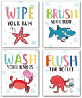 Funny Colorful Cartoon Sea Life Themed Bathroom Inspirational Quotes Art Print Humorous Quotes Painting, Toilet Rules Art Picture for Children Washroom Bathroom Decor, Set of 4 8X10 inch, No Frame