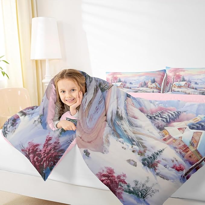 Feelyou Merry Christmas Kids Comforter Set Twin Size Village Barn Bedding Set Winter Snowscape Duvet Quilt for Kids Boys Girls Bedroom Pine Tree Decor Microfiber Ultra Soft Breathable